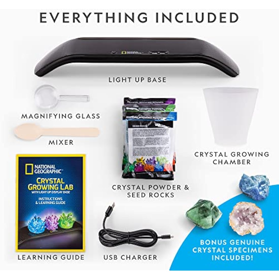 NATIONAL GEOGRAPHIC Crystal Growing Kit - 3 Vibrant Coloured Crystals to Grow with Light-Up Display Stand & Guidebook, Includes 3 Real Gemstone Specimens Including A Geode & Green Fluorite