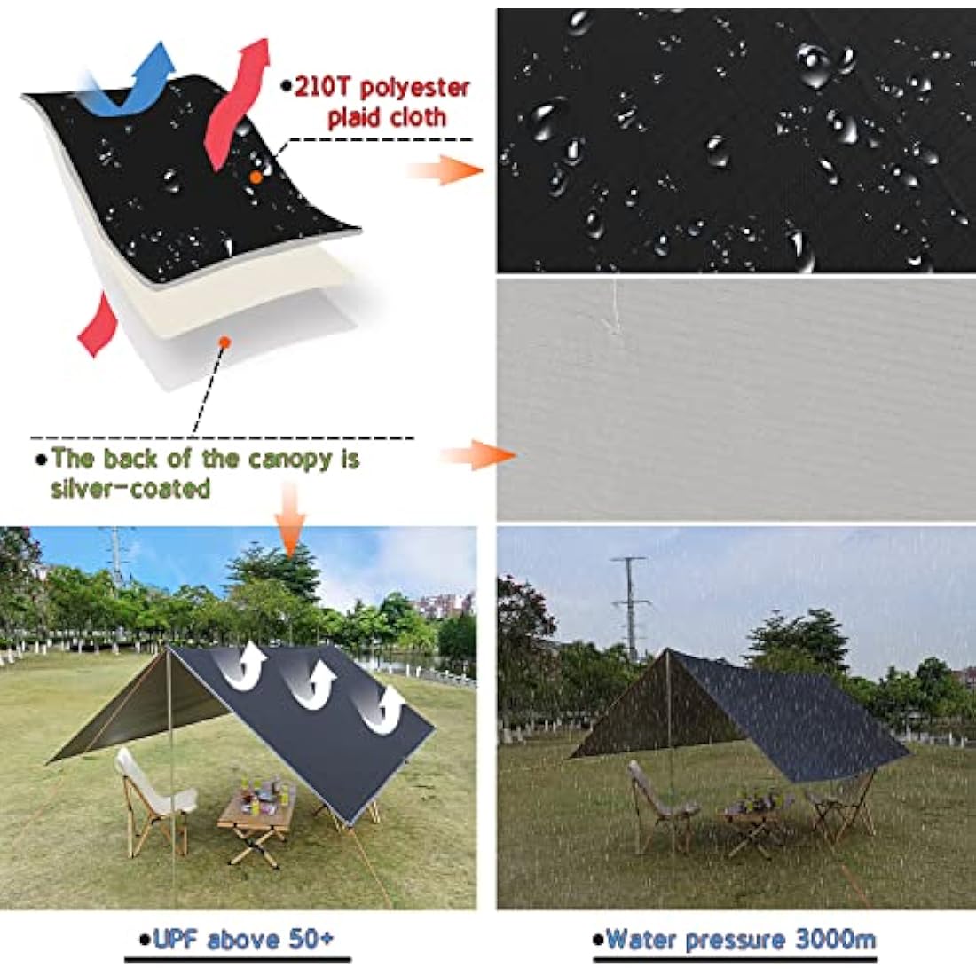 3x4m Camping Tarp Waterproof Tent Tarpaulin Lightweight Hammock Rain Fly Anti-UV Awning Canopy Waterproof Outdoor Shelter