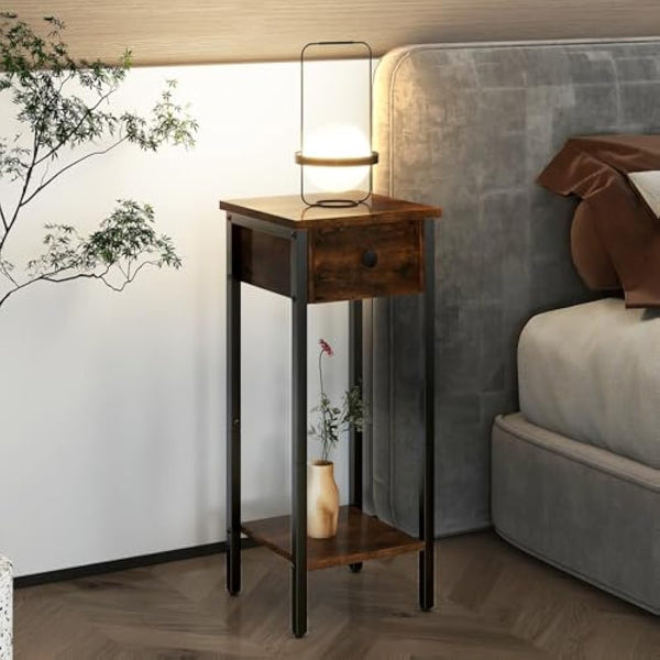 IBUYKE Slim Bedside Table Set of 2, Narrow Nightstand with Drawer, Telephone Table for Small Spaces, 25x25x70cm, Small Side End Table for Bedroom Living Room Hallway, Brown TMJ417H-2