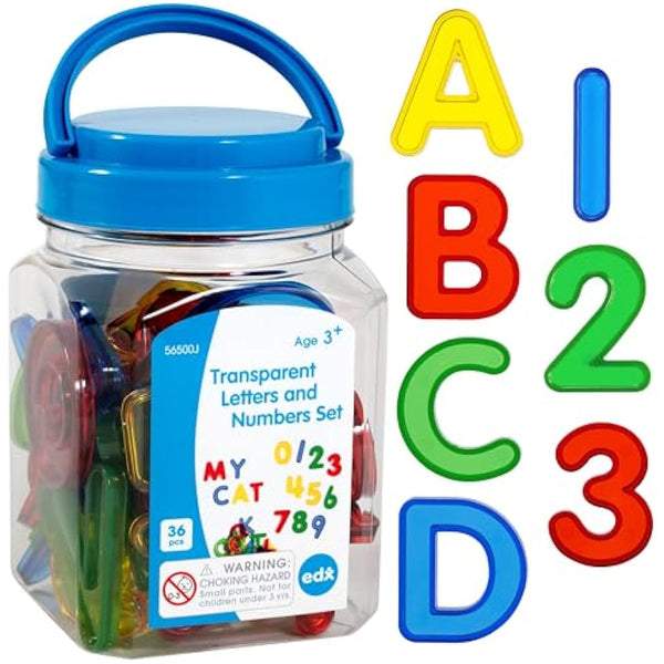 edxeducation Transparent Letters and Numbers | Mini Jar | Colourful, Plastic Letters and Numbers | Learn A-Z and 1-9 | Sensory Play