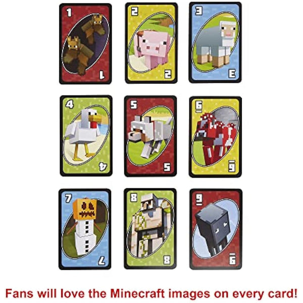 Mattel Games UNO Minecraft, Collectible Card Deck with 112 Cards, Card Game for Family Game Night, Use as Travel Game, Engaging Gift for Kids, 2 to 10 Players, Ages 7 and Up, FPD61