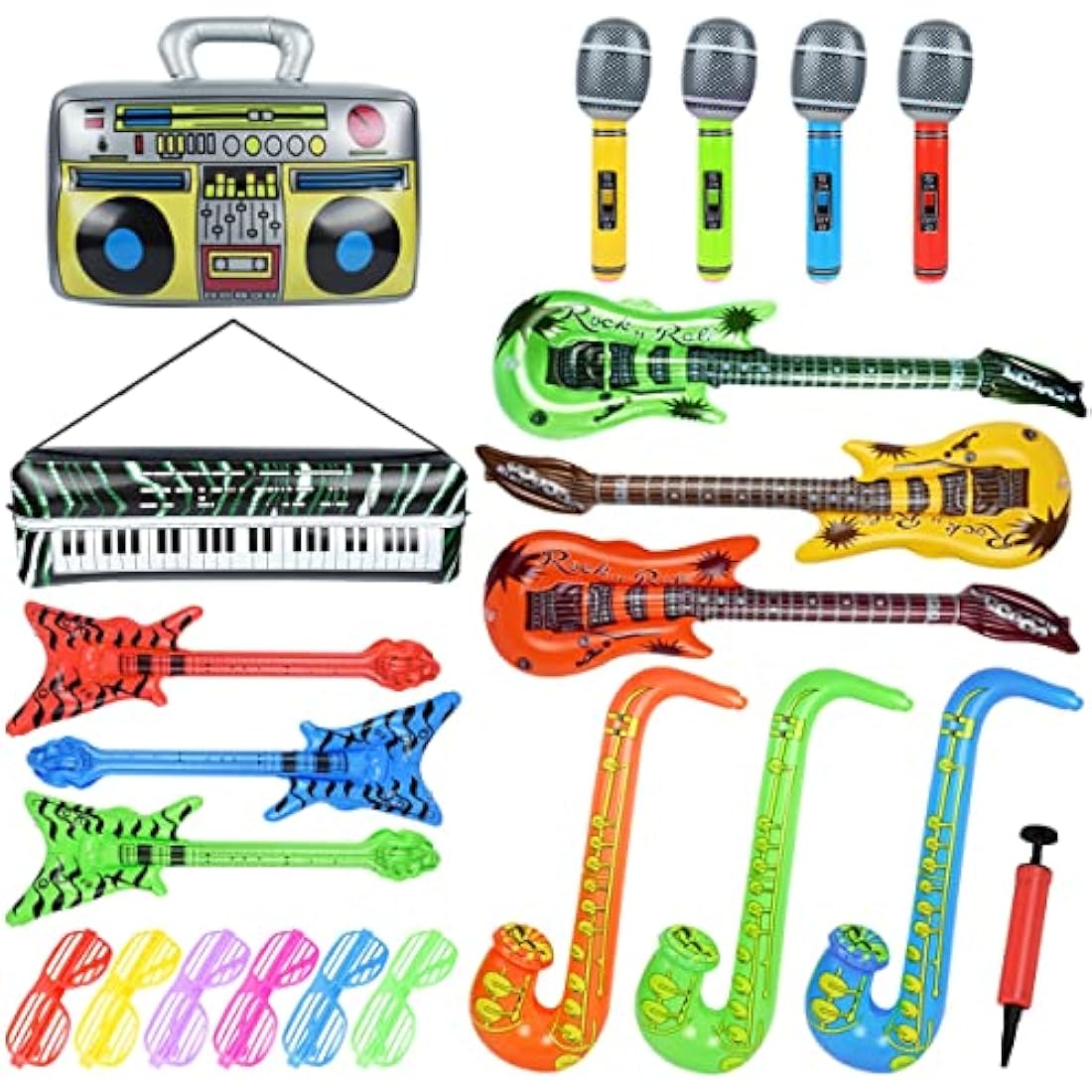 Inflatable Instruments Set 22Pcs, Guitar for Kids, Fun Musical Accessories Props for Birthday Party Favors Decoration Photo Booth, With Air Pump