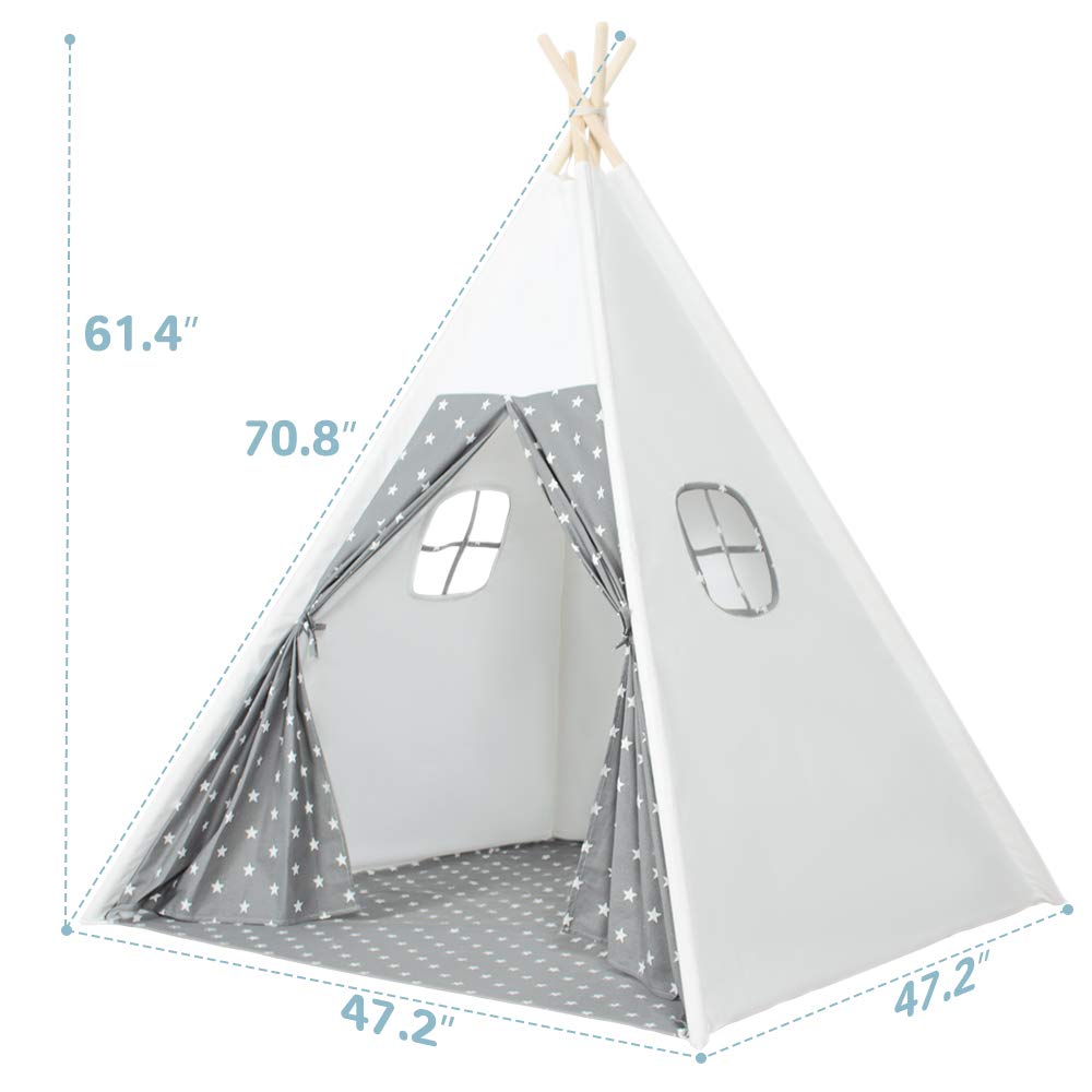 Wilwolfer Teepee Tent for Kids Foldable Children Play Tent for Girl and Boy with Carry Case 4 Poles White Canvas Playhouse Toy for Indoor and Outdoor Games