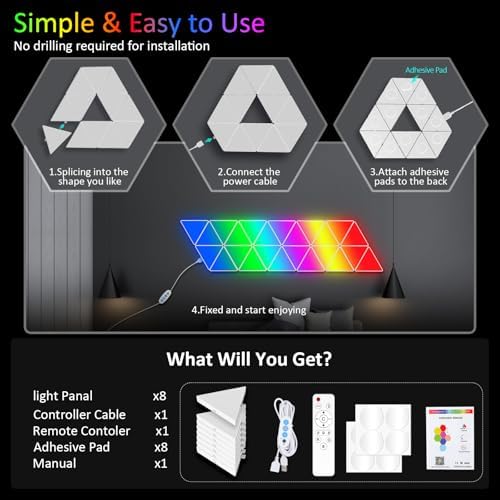 Kangtaixin Triangle LED Light Panels - 8 Pack Triangle Wall Light DIY Geometry Splicing Module Rhythm Lamp with App Control & Music Sync for Gaming Setup, Bedroom, and Streaming Room