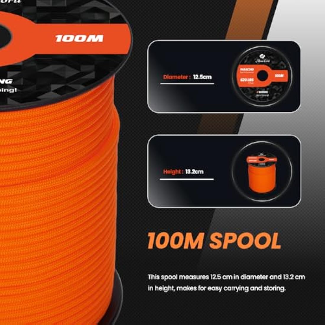 Abma Cord Paracord 4mm 100m 100% Nylon Rope 9 Strands Type III Parachute Cord for DIY, Camping, Survival, Outdoor - Max. 280kg - Orange
