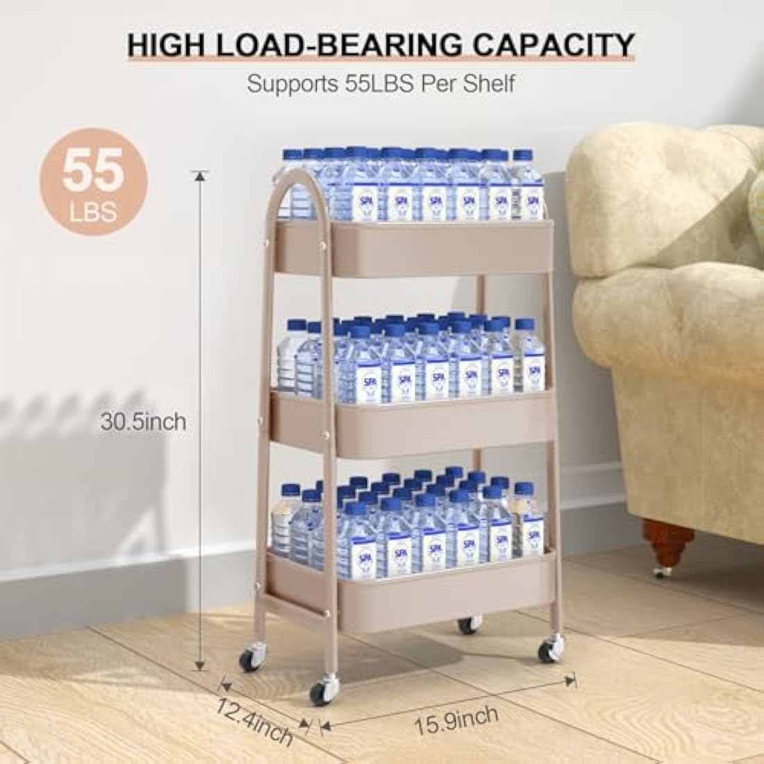 3 Tier Utility Rolling Cart, EAGMAK Metal Storage Cart with Handle and Lockable Wheels, Multifunctional Storage Organizer Trolley with Mesh Baskets for Kitchen, Living Room, Office, Garage (Beige)