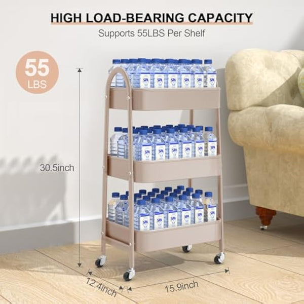 3 Tier Utility Rolling Cart, EAGMAK Metal Storage Cart with Handle and Lockable Wheels, Multifunctional Storage Organizer Trolley with Mesh Baskets for Kitchen, Living Room, Office, Garage (Beige)