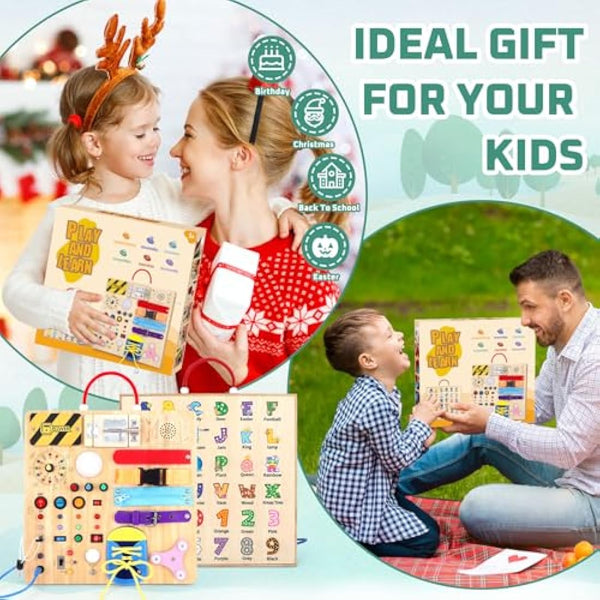 23 in 1 Busy Board Montessori Toys from 1 year Activity Board Wooden Toy With 15 Switches, 26 LED Lights, Motor Skills Toy for 1 2 3 year old boys and girls