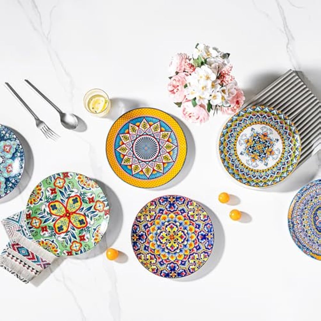 HENXFEN LEAD Salad Plate Porcelain, 21 cm Colourful Dessert Plates Ceramic Breakfast Plates, 6 Pieces Small Round Plate Set with Pattern and Colourful - Bohemian Style