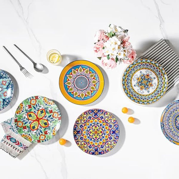 HENXFEN LEAD Salad Plate Porcelain, 21 cm Colourful Dessert Plates Ceramic Breakfast Plates, 6 Pieces Small Round Plate Set with Pattern and Colourful - Bohemian Style