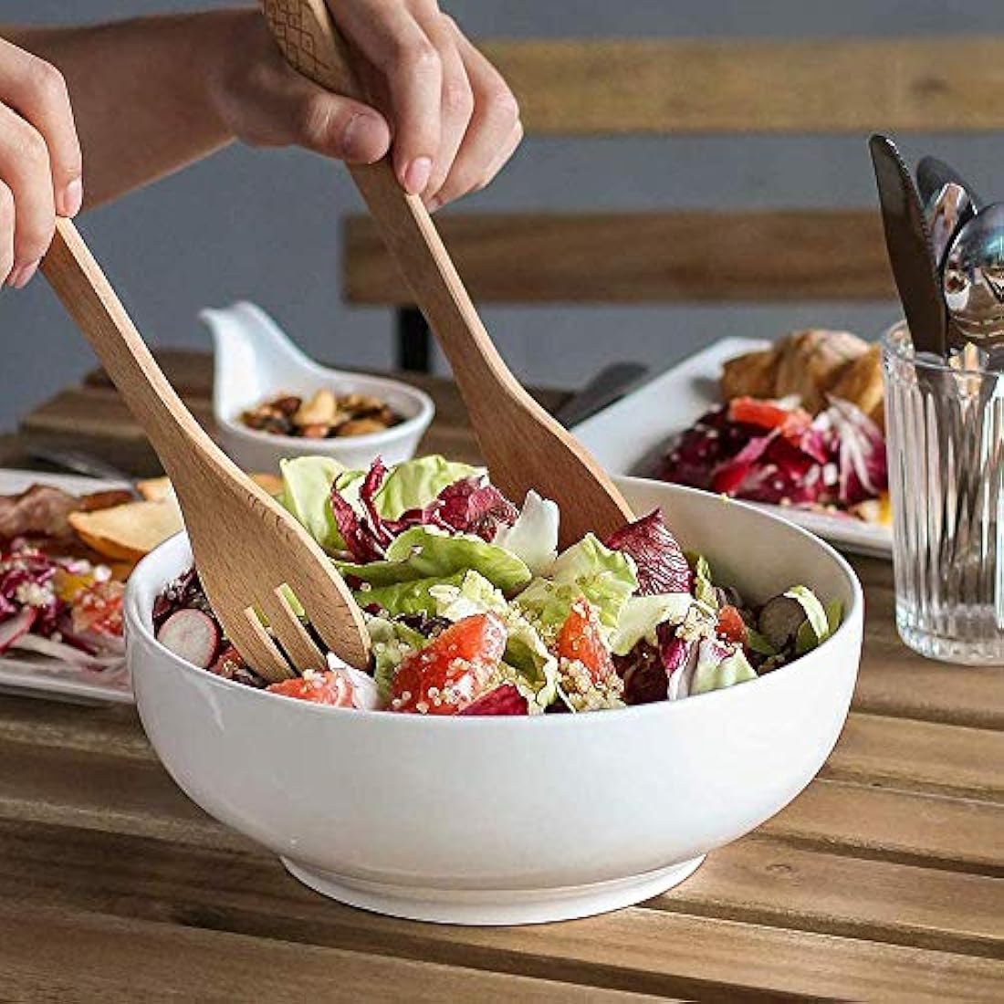 DOWAN Large Serving Bowls, 2700ml Solid Salad Bowls, Φ24cm Ceramic Pho Bowls Set of 2, White Serving Dishes for Dinner Parties, Microwave & Dishwasher Safe, Stackable, Easy Clean