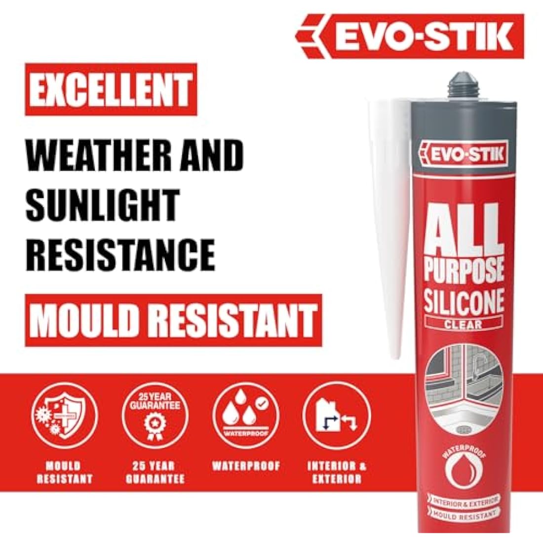 EVO-STIK All Purpose Clear Silicone Sealant – Shower and Bathroom Sealant, Anti Mould, Waterproof, Suitable for Interior and Exterior Use, 280ml