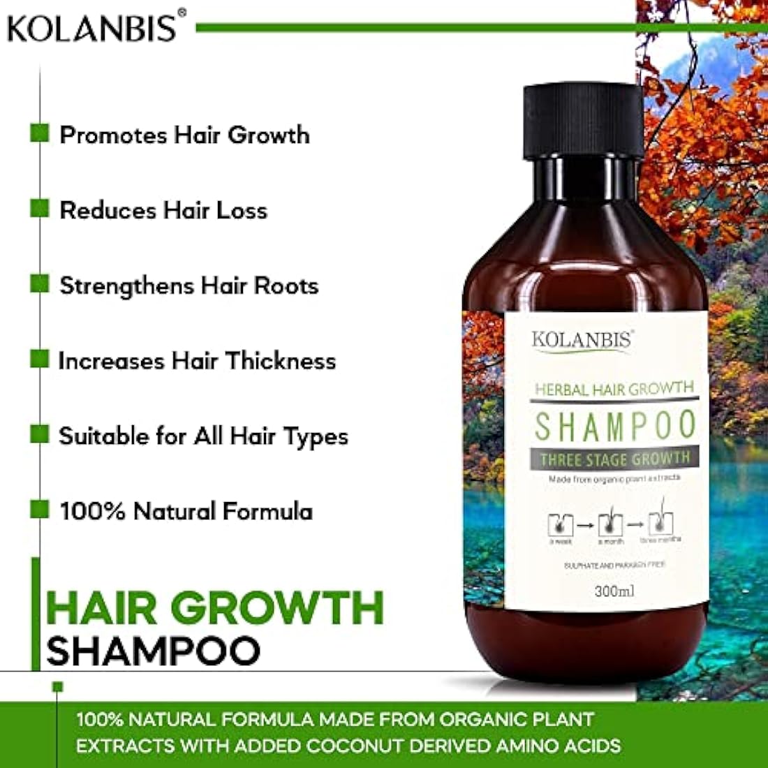 Kolanbis Hair Growth Shampoo | 100% Natural Formula | Made from Organic Plant Extracts | Sulphate and Paraben Free | Increases Hair Growth | Reduces Hair Loss | Men and Women