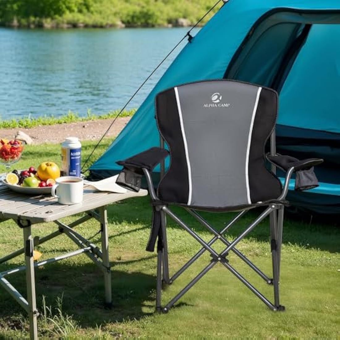 ALPHA CAMP Set of 2 Camping Chairs for Adults Folding Chair Outdoor with Cup Holder Heavy Duty Camping Chairs with High Back Up to 160kg, Lightweight And Portable