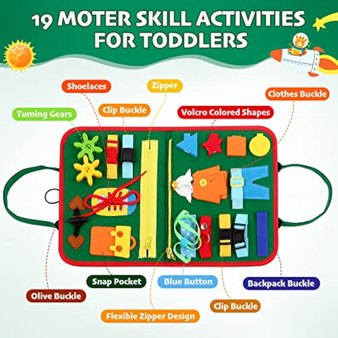 Hooku Busy Board for Toddlers - Montessori Learning Toys, Baby Sensory Toys, Fine Motor Skills, Travel Toys for 3 Year Olds - Baby Gifts