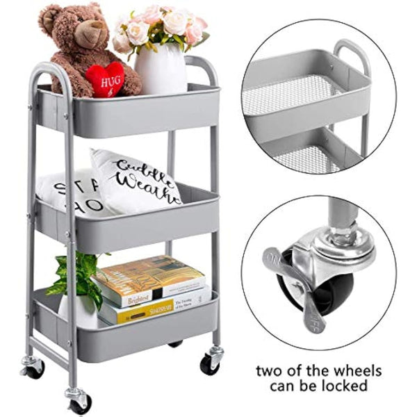 DOEWORKS Storage Trolley on Wheels 3-Tier Kitchen Trolley Rolling Beauty Trolleys Craft Trolleys Metal Storage Cart for Bedroom Bathroom Office, Grey