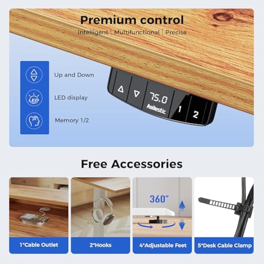 Agilestic Electric Adjustable Height Desk with 2 Drawers, 120 x 60 cm, Stable Sit-Stand Desk with Memory Control, Ergonomic Computer Desk, Light Brown