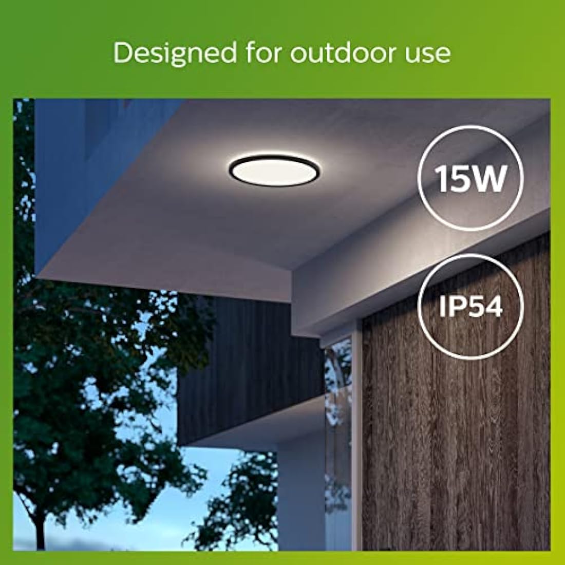 Philips LED SuperSlim Outdoor Ceiling Light 15W [Cool White - Black] Water Resistant IP54, For Garden, Patio and Terrace Lighting.