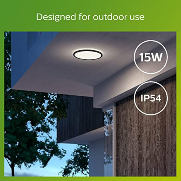 Philips LED SuperSlim Outdoor Ceiling Light 15W [Cool White - Black] Water Resistant IP54, For Garden, Patio and Terrace Lighting.