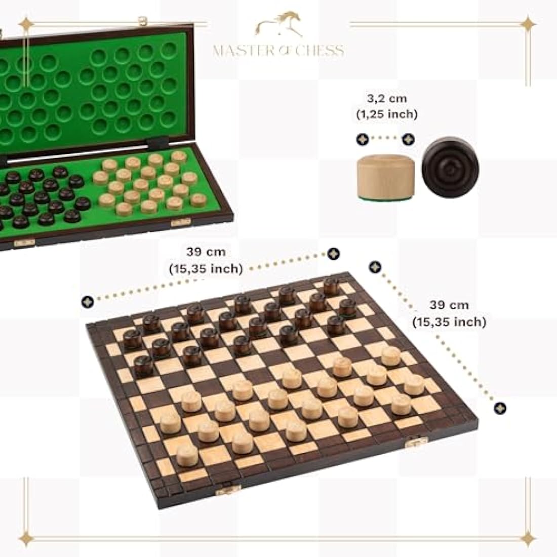 Wooden Checkers 100 Squares XXL CHECKERS | Master Of Chess | Folding Chess Board 39x39 cm | Handcrafted Travel Draughts Set - Draughts Board Game for Kids and for Adults
