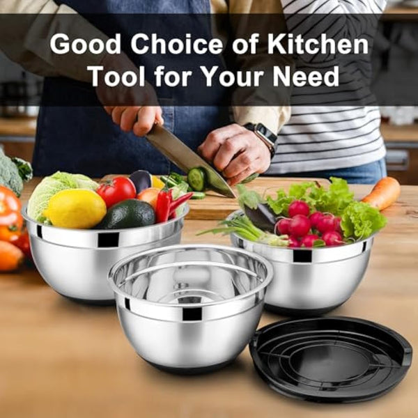 HaWare Mixing Bowl Set of 6, Stainless Steel Salad Bowl for Kitchen Baking, Serving, Space-Saving Storage Metal Nesting Bowl, Silicone Bottom & Airtight Lids, Size 4.5/3/2.5/1.5/1.2/0.7QT (Black)