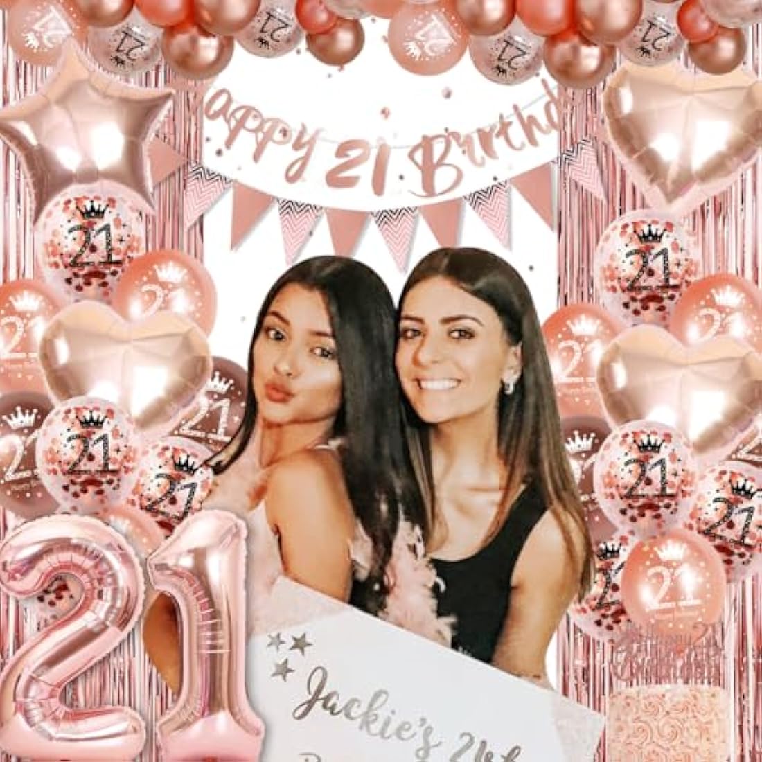 21st Birthday Decorations For Her, Rose Gold Birthday Decoration, Birthday Party Decorations Set With Rose Gold Balloons, Happy Birthday Banner, Champagne Balloon，Triangle Flag Banner