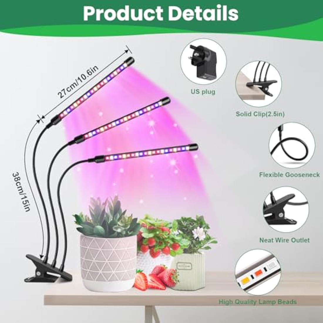 Garpsen Led Grow Light, 2PCS 3 Heads Full Spectrum Clip Plant Light for Indoor Plants, 120 LEDs Grow Lights, with 3 Switch Modes & Auto ON/Off 6/12/16H Timer, 5 Dimmable Levels (Red Blue Warm White)