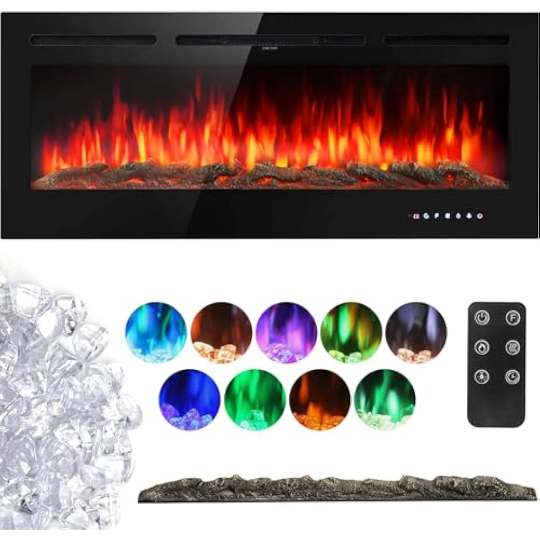 INMOZATA Electric Fire Wall Mounted Recessed Insert 40 50 60 inch Electric Fireplace with Touch Remote Control 9 LED Color Flame Effect Electric Fire Heater, Crystal and Log Set