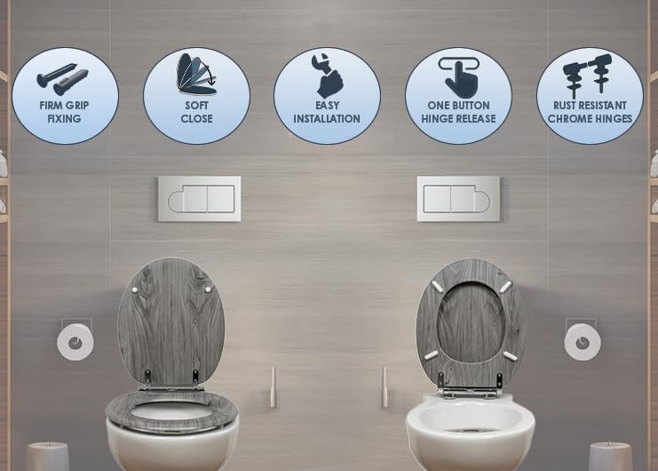 AQUALONA® Luxury Soft Close Toilet Seat - Moulded Wood - Stainless Steel Slow Close Hinges - Click, Lift & Clean Technology (Bamboo Toilet Seat)