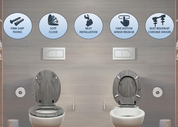 AQUALONA® Luxury Soft Close Toilet Seat - Moulded Wood - Stainless Steel Slow Close Hinges - Click, Lift & Clean Technology (Bamboo Toilet Seat)