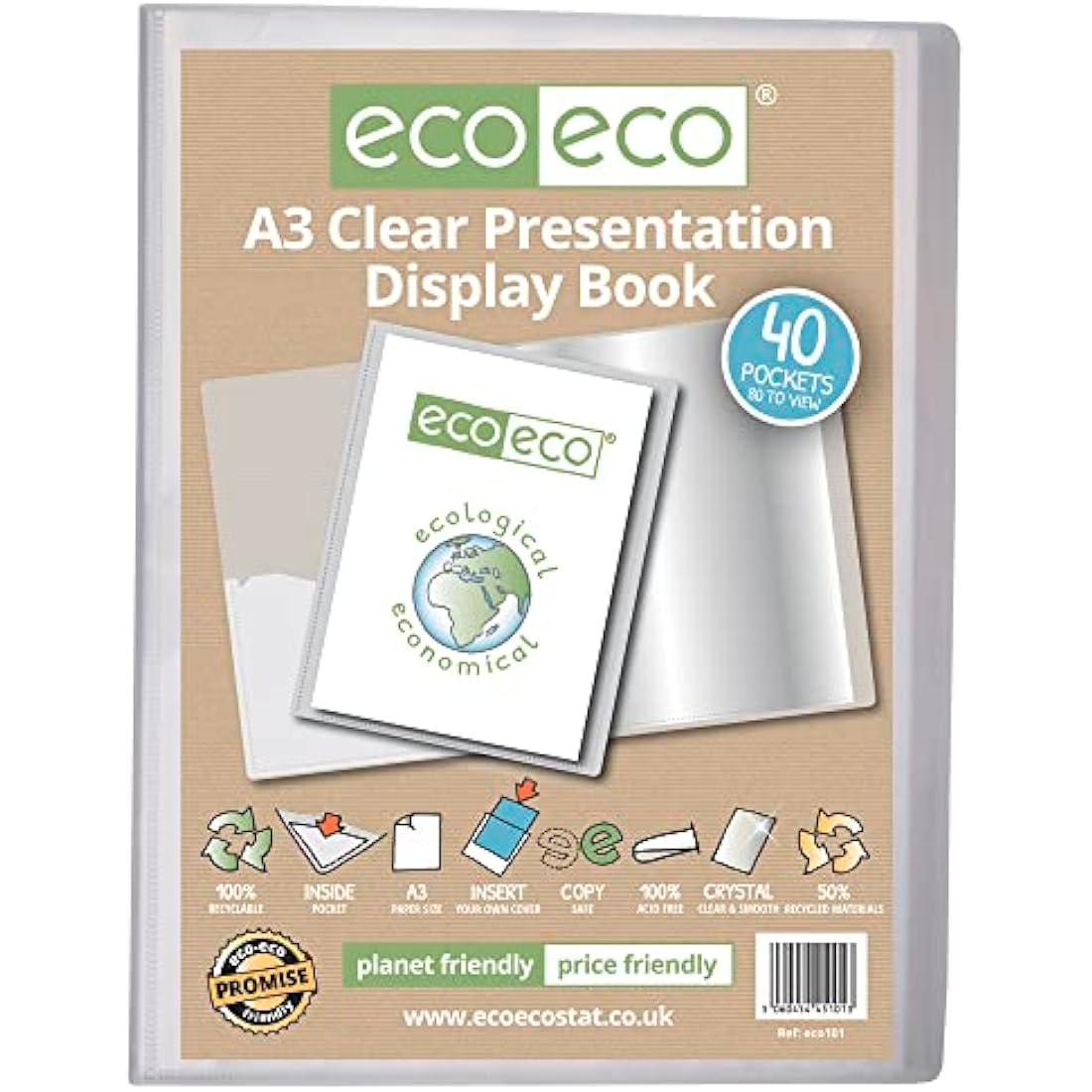 eco-eco A3 Size 50% Recycled 40 Pocket Clear Presentation Display Book, Storage Case Portfolio Art Folder with Plastic Sleeves, eco101