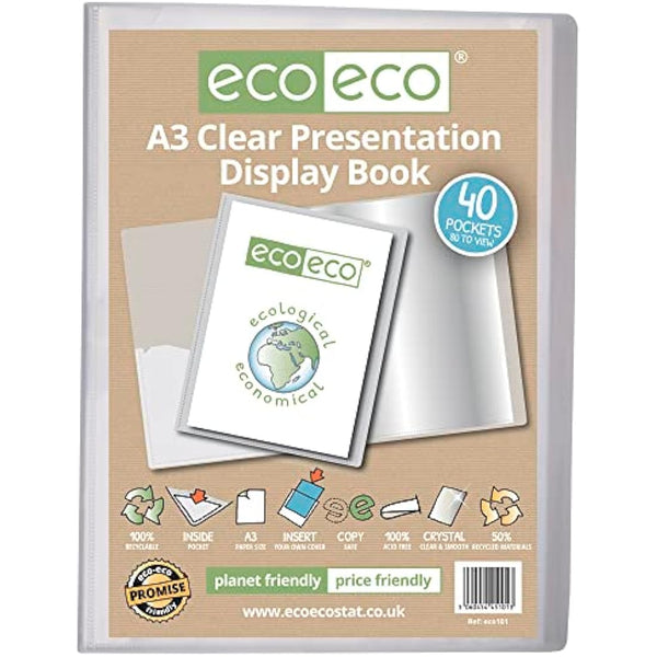eco-eco A3 Size 50% Recycled 40 Pocket Clear Presentation Display Book, Storage Case Portfolio Art Folder with Plastic Sleeves, eco101