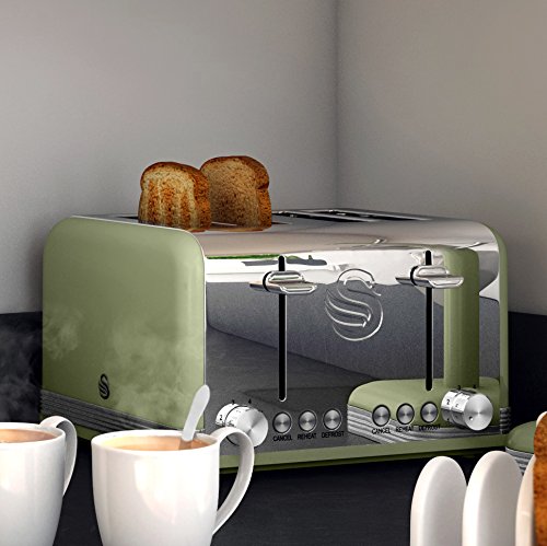 Swan ST19020GRN Retro 4-Slice Toaster with Defost/Reheat/Cancel Functions, Cord Storage, 1600W, Retro Grey