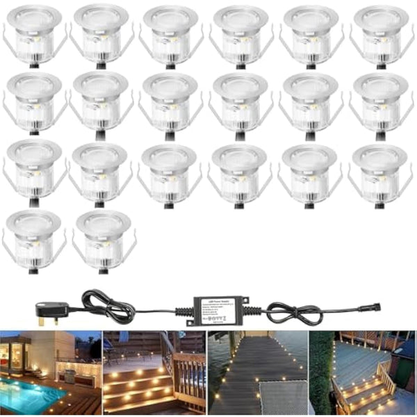GEYUEYA Home Warm White Decking Lights, φ30mm LED Deck Lights 12V 0.6W IP67 Waterproof, Led Plinth Light for Terrace/Patio/Path/Wall/Garden/Decoration - 20 Packs