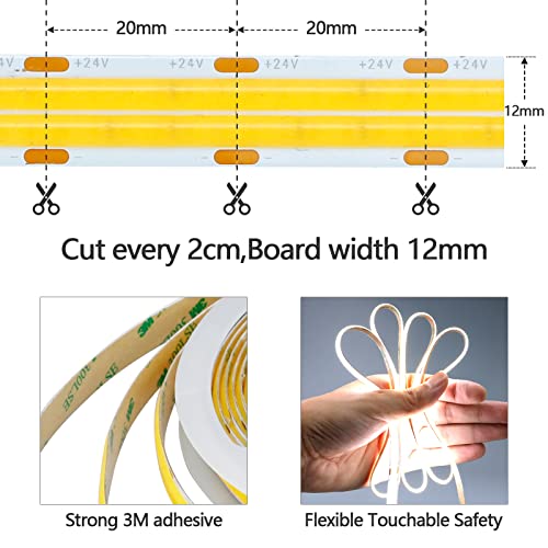 GOMING 32.8ft(10M) 24V Double Row COB LED Strip Light Cool White 6000K 6000LEDs CRI 93+ 20000lm Uniform Glow Dotless Not Waterproof IP20 Flexible LED