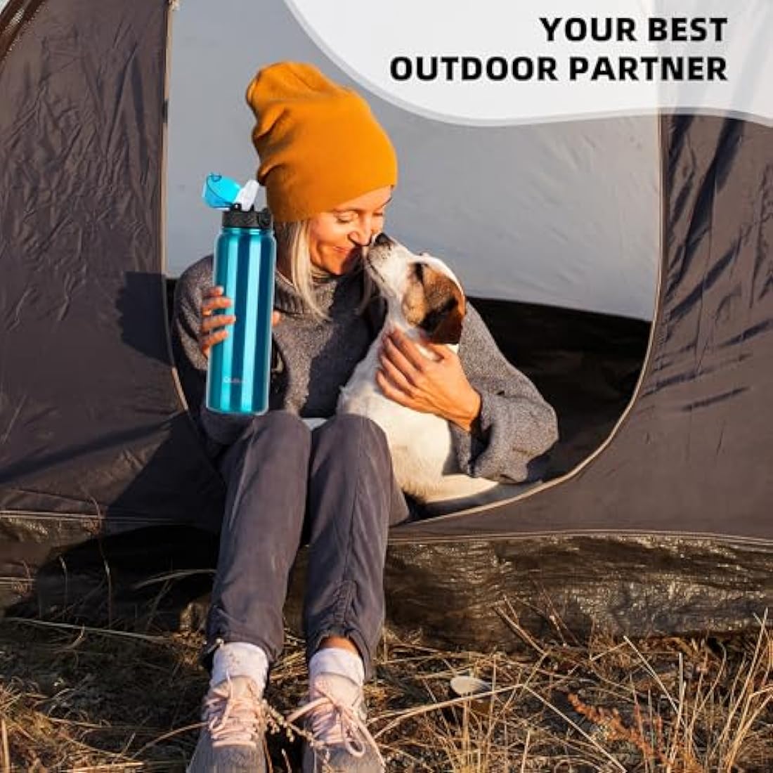 OLDLEY Stainless Steel Water Bottle with Straw 1L Vaccum Insulated Large Drink Flask Metal Water Bottles 1 Litre Leakproof Keep Drinks Hot Cold for Sports Travel Adult Women Men(Bright Blue, 1 Lid)