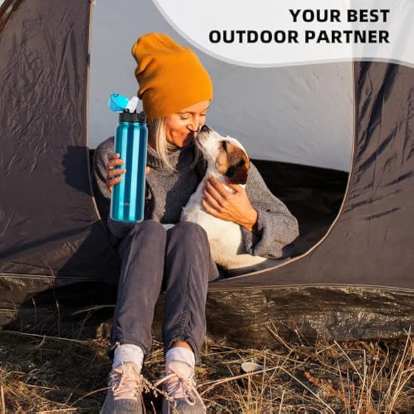 OLDLEY Stainless Steel Water Bottle with Straw 1L Vaccum Insulated Large Drink Flask Metal Water Bottles 1 Litre Leakproof Keep Drinks Hot Cold for Sports Travel Adult Women Men(Bright Blue, 1 Lid)