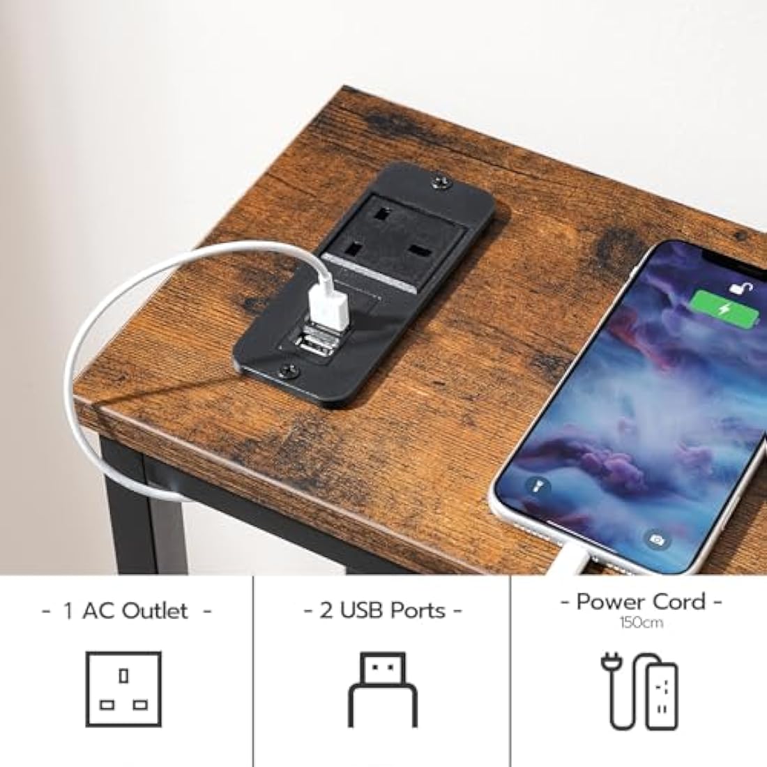 HOOBRO Console Table with Charging Station,114 cm Behind Sofa Table, Slim Console Table for Hallway, with Power Outlet, for Entryway, Living Room, Small Spaces, Rustic Brown and Black EBF114KXG01