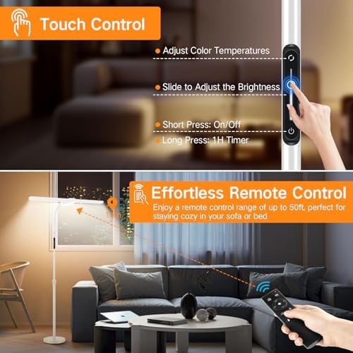 OUTON LED Floor Lamp with Double Head, 18W 1800LM, Super Wide & Bright, Height Adjustable, Remote & Touch Control, Memory Function, Dimmable Standing Lamp for Reading, Working, Sewing, Drawing, White