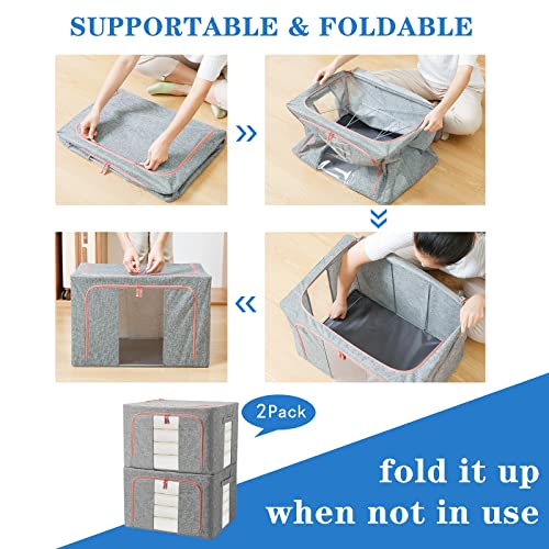 FUSACONY Closet Organizers and Storage, Foldable Oxford Cloth Steel Frame Box,2 Pack,Clear Window & Carry Handles, Waterproof, can Hold Large-capacity