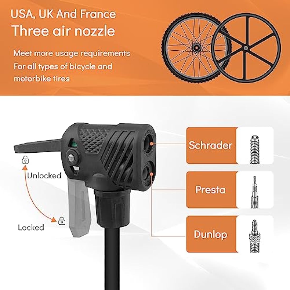 Jsdoin Bike Pump, High Performance Bicycle Floor Pump with Dual Presta and Schrader Valves, Bike Pumps with Pressure Gauge for Road Foot Bike, MTB, and Sports Balls