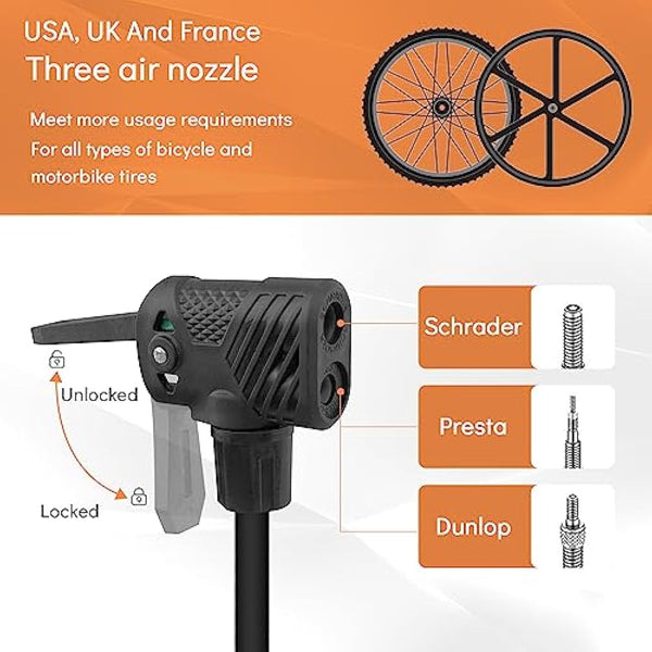 Jsdoin Bike Pump, High Performance Bicycle Floor Pump with Dual Presta and Schrader Valves, Bike Pumps with Pressure Gauge for Road Foot Bike, MTB, and Sports Balls