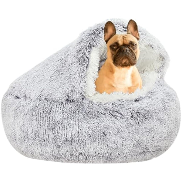YUDANSI Dog Beds, 65cm Under 9 kg Covered Dog Cat Bed for Cats Calming Down, Burrowing Cat Small Medium Dog Bed with Hood for Anti Anxiety, Non-Slip Plush Faux Fur Nest with Ceiling Puppy Pet Bed
