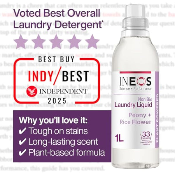 INEOS Next-Gen Non Bio Laundry Washing Liquid Detergent, 198 Washes (6 x 1L), High Performance Stain Remover For Clothes, Plant Powered, For Sensitive Skin, Peony + Rice Milk, Packaging May Vary