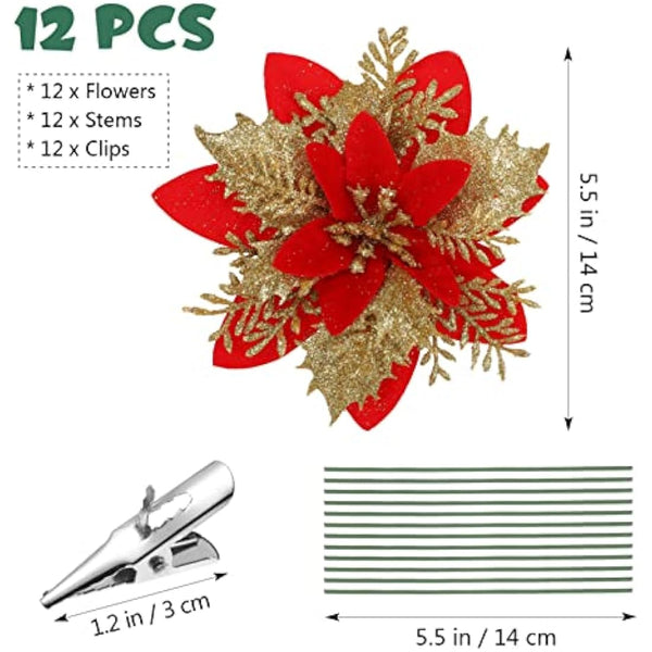 12pcs Glitter Poinsettia Christmas Tree Decorations Artificial Flowers Ornaments Stems Clips Xmas Tree Party Wreath Holiday Decor