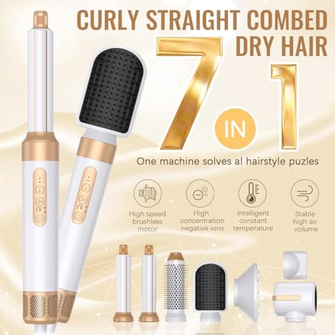 7-in-1 Air Styler, 110000 RPM High-Speed Negative Ionic Hair Dryer with Left and Right Curling Barrel, Straightening Comb, Wind Hood, Concentrator and Curlng Comb, Air stylers for Women (White)