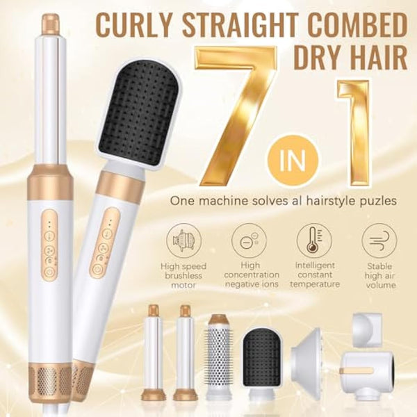 7-in-1 Air Styler, 110000 RPM High-Speed Negative Ionic Hair Dryer with Left and Right Curling Barrel, Straightening Comb, Wind Hood, Concentrator and Curlng Comb, Air stylers for Women (White)