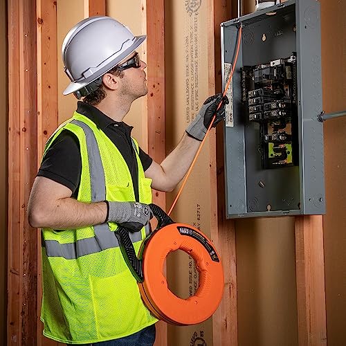 KLEIN TOOLS 56382 Fish Tape, Multi-Groove Fiberglass Wire Puller with Nylon Tip, Optimized Housing and Handle,Orange/Black, 15 m