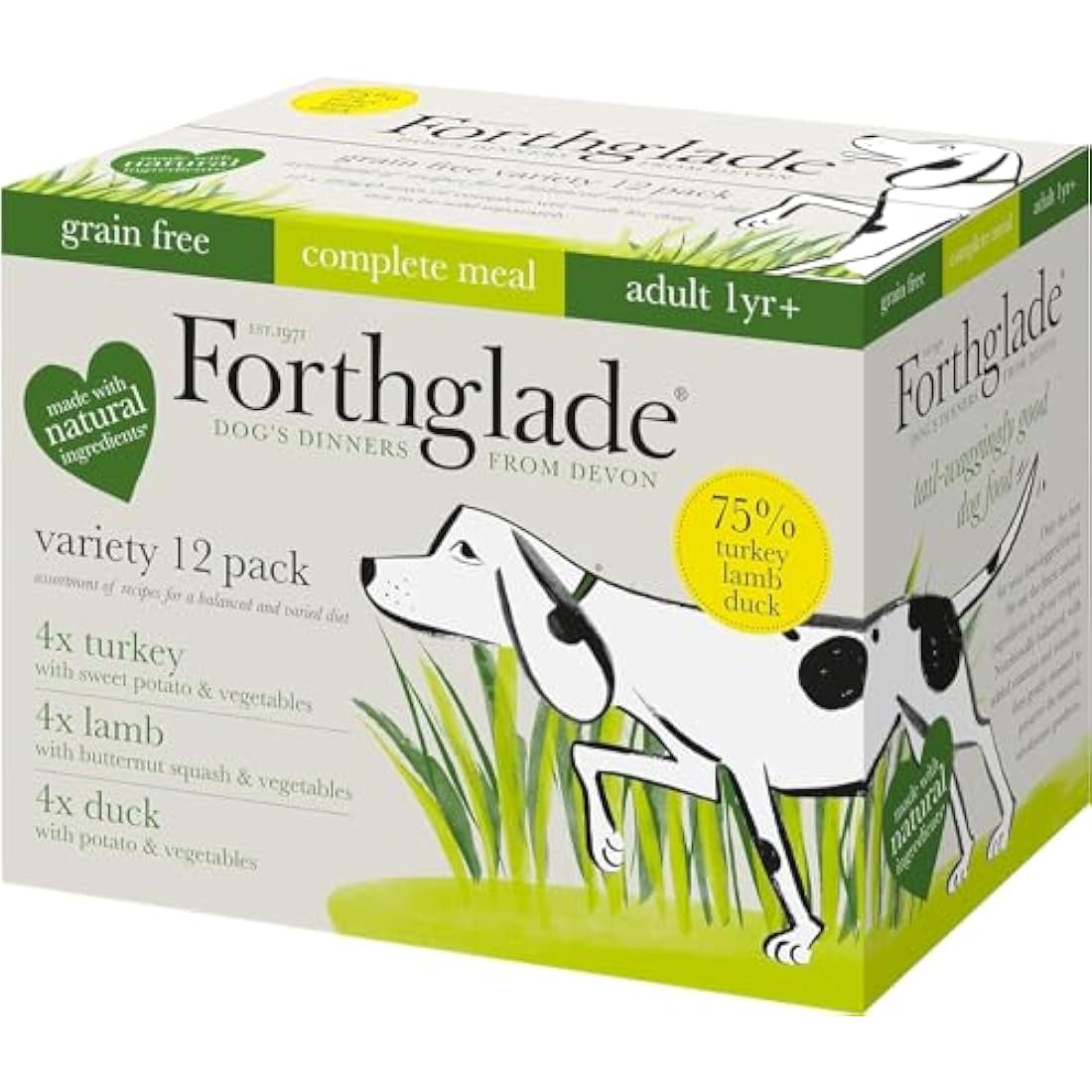 Forthglade Wet Dog Food Variety Pack (12 x 395g Trays) - Grain Free & Hypoallergenic Dog Food, Adult 1 Year+, Turkey, Lamb & Duck with Vegetables, Complete Stomach Sensitive Meals, Natural Ingredients