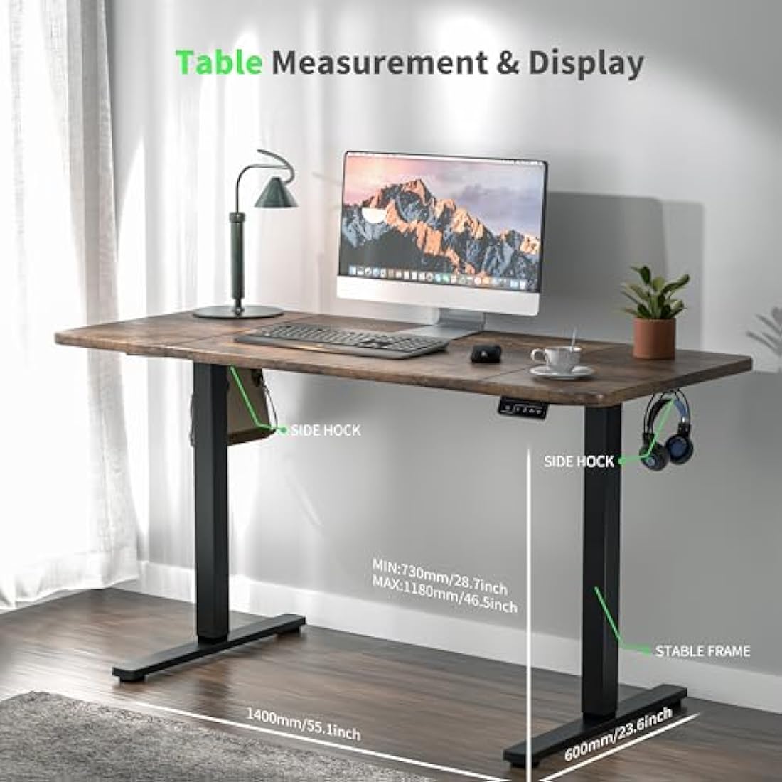 ERGOMAKER Electric Standing Desk 140x60cm (55.1"x23.6"), Height Adjustable Standing Desk with Splice Board, Stand Up Desk with Hook and Memory Smart Handset(Black Frame + Rustic Brown Desktop)